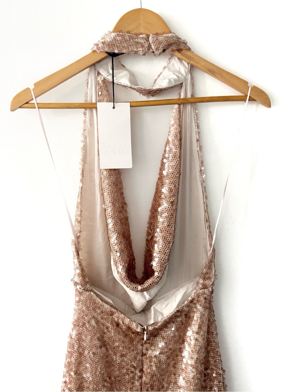 Zara Sequin Mesh Halter Neck Maxi Dress NWT Rose Gold Champagne Size Small - Picture 8 of 10